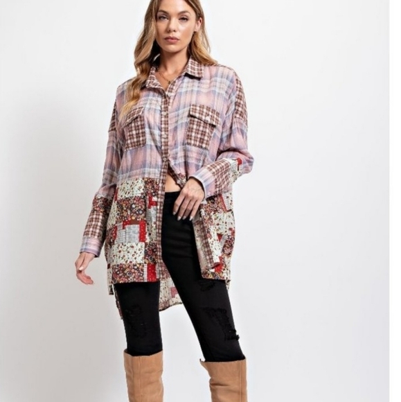 Easel Blush Mix N Match Print Button Down Oversized Loose Fit Plaid Shirt - Picture 4 of 7
